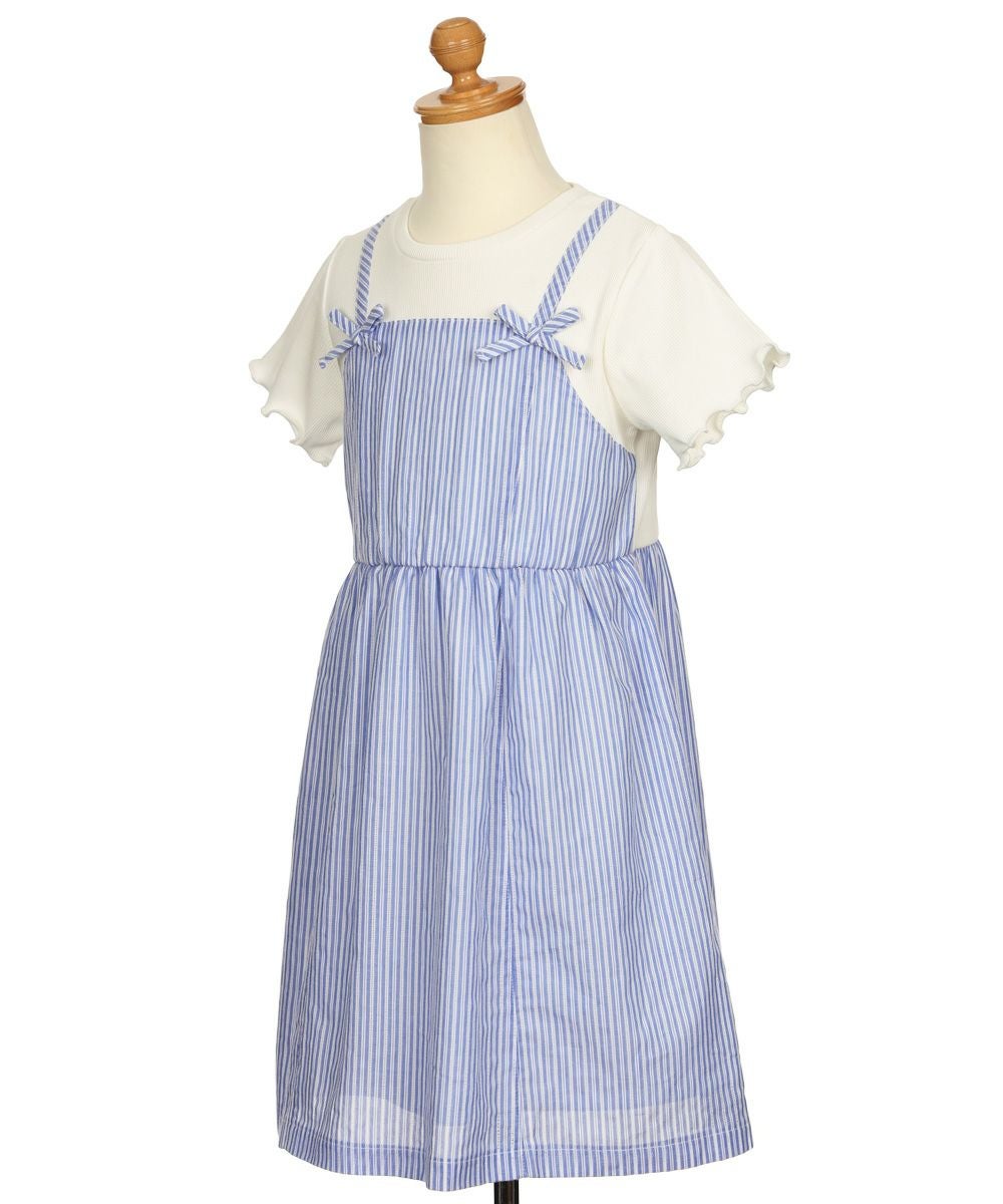 子供服 女の子 重ね着風 リボン付き ストライプ ワンピース ブルー(61) トルソー斜め