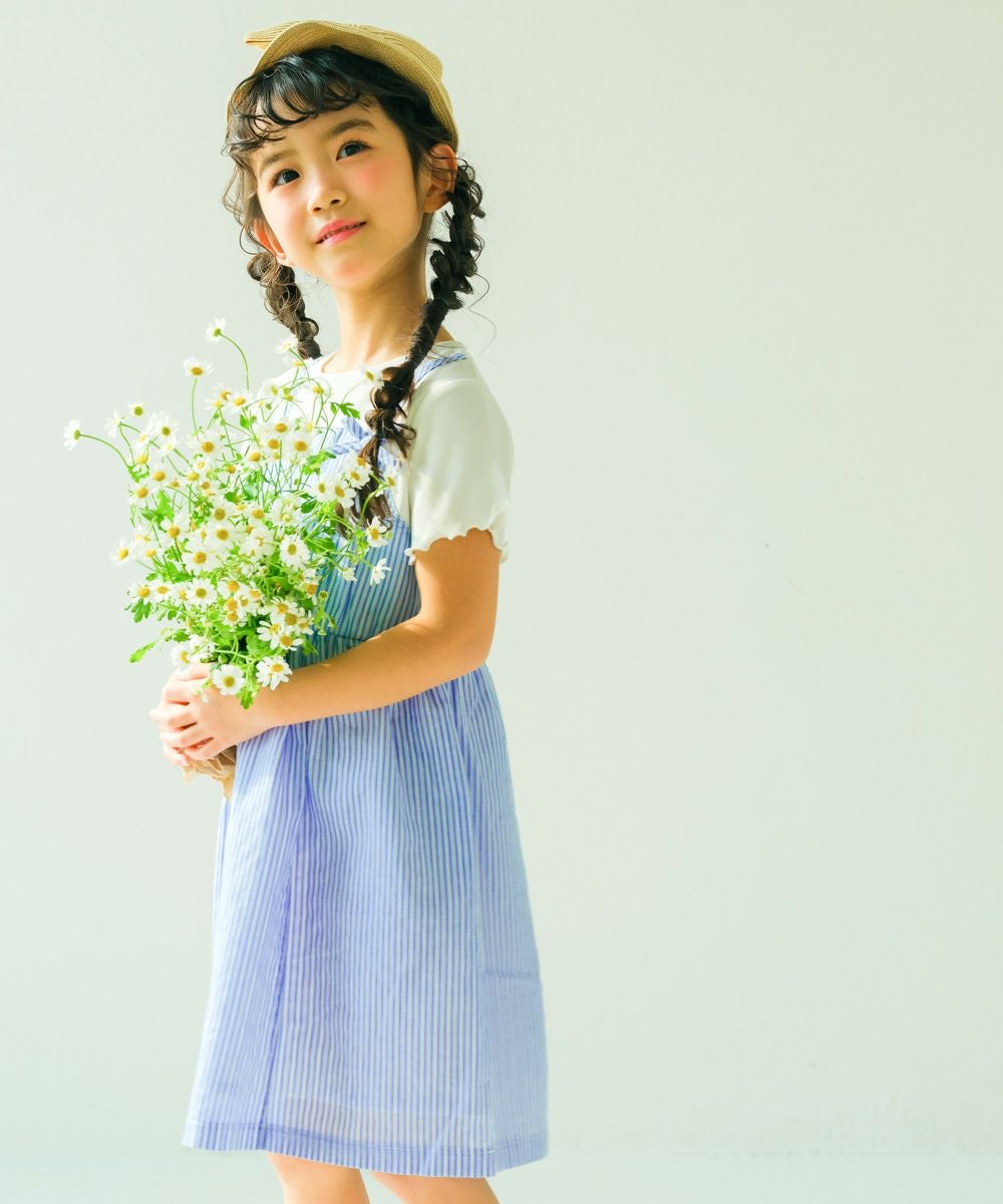 子供服 女の子 重ね着風 リボン付き ストライプ ワンピース ブルー(61) モデル画像全身