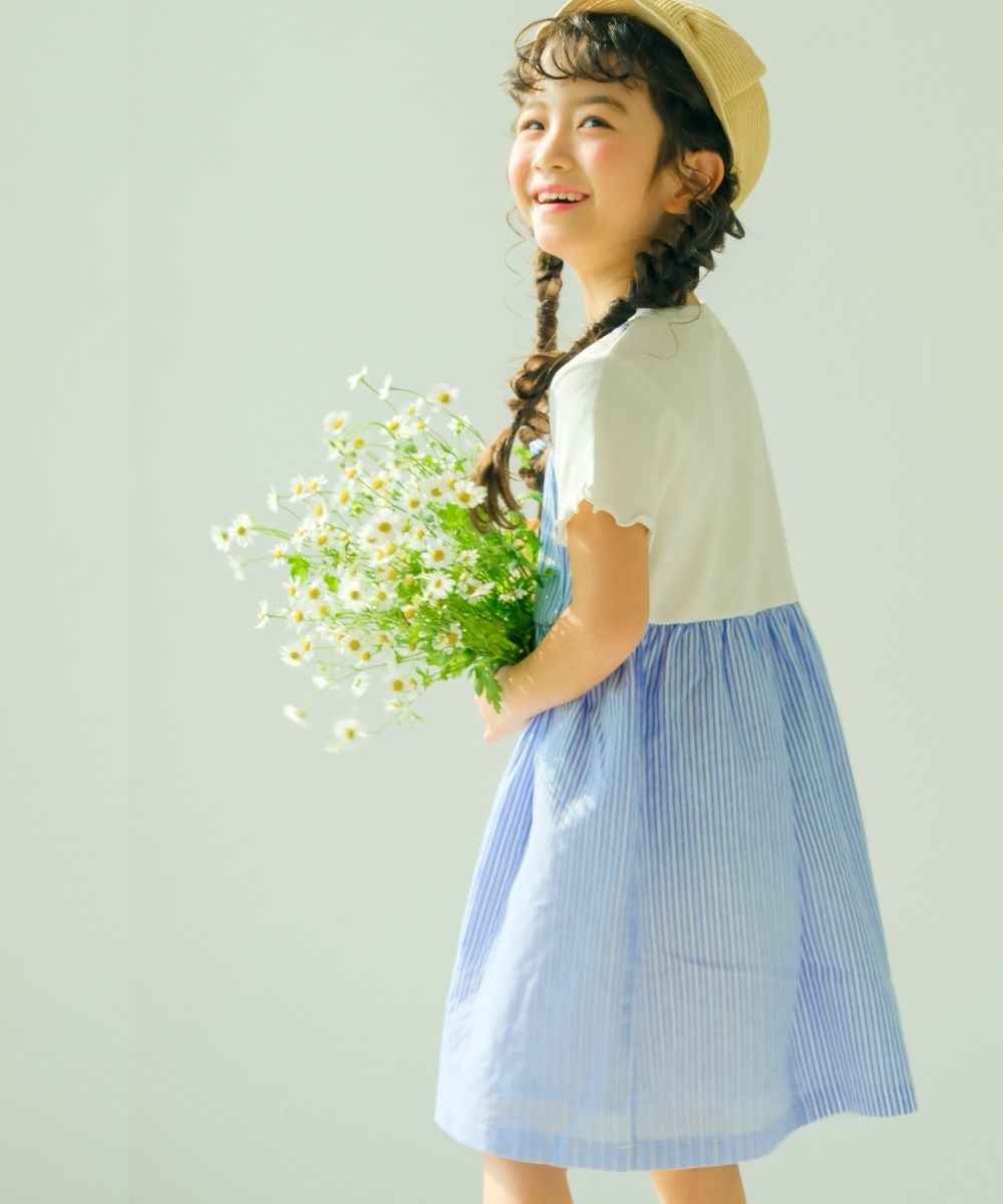 子供服 女の子 重ね着風 リボン付き ストライプ ワンピース ブルー(61) モデル画像1