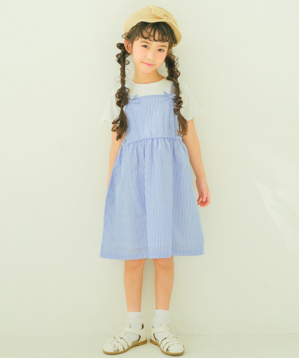 子供服 女の子 重ね着風 リボン付き ストライプ ワンピース ブルー(61) モデル画像2