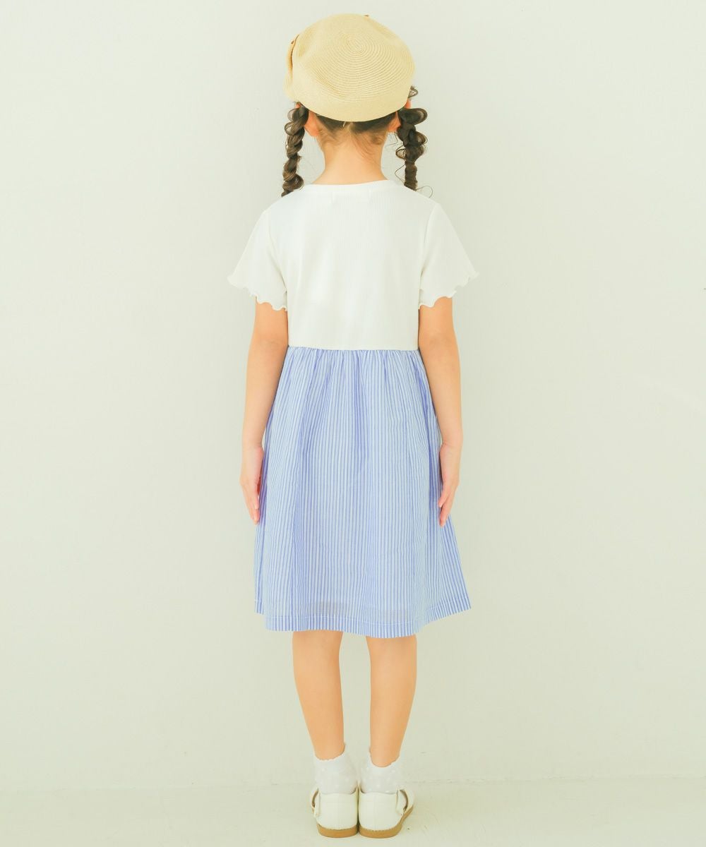 子供服 女の子 重ね着風 リボン付き ストライプ ワンピース ブルー(61) モデル画像3
