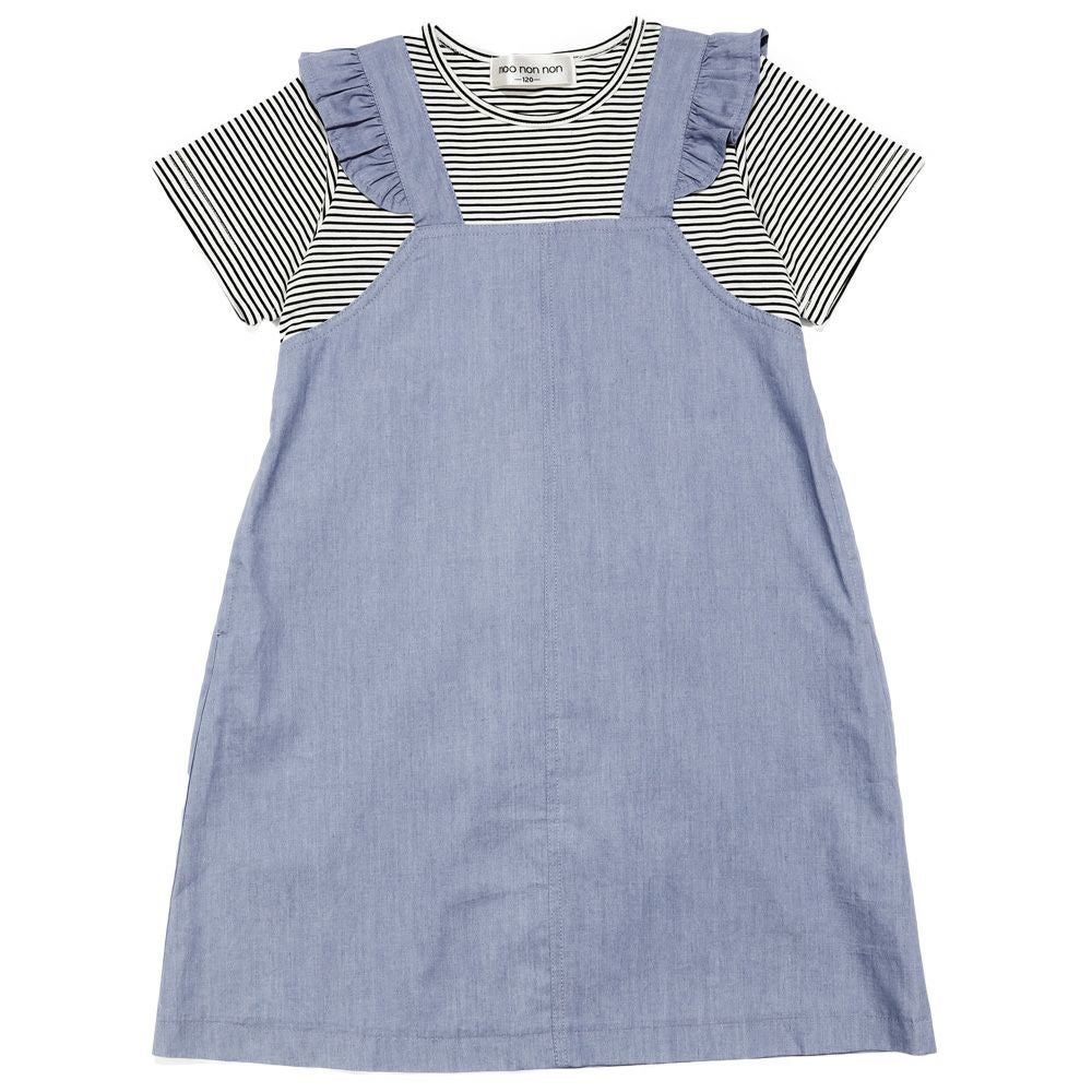 子供服 女の子 ボーダー ＆ 肩フリル 重ね着風 ワンピース ブラック(00) 正面