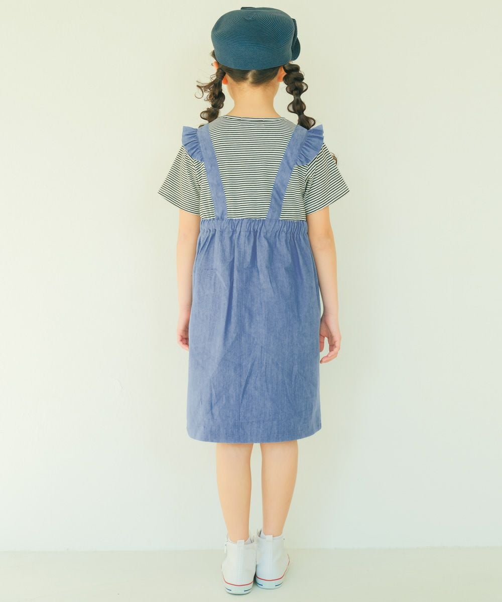 子供服 女の子 ボーダー ＆ 肩フリル 重ね着風 ワンピース ブラック(00) モデル画像4