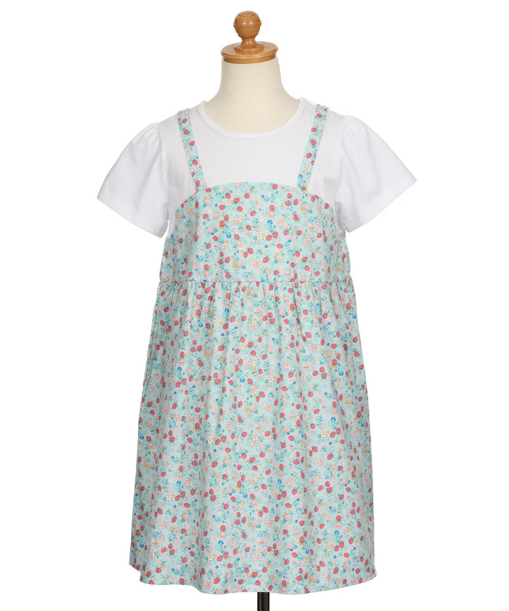 ベビー服 女の子 お花 ＆ イチゴ柄 重ね着風 ワンピース ブルー(61) トルソー正面