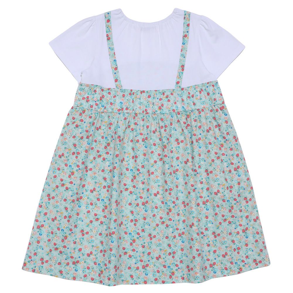 ベビー服 女の子 お花 ＆ イチゴ柄 重ね着風 ワンピース ブルー(61) 背面