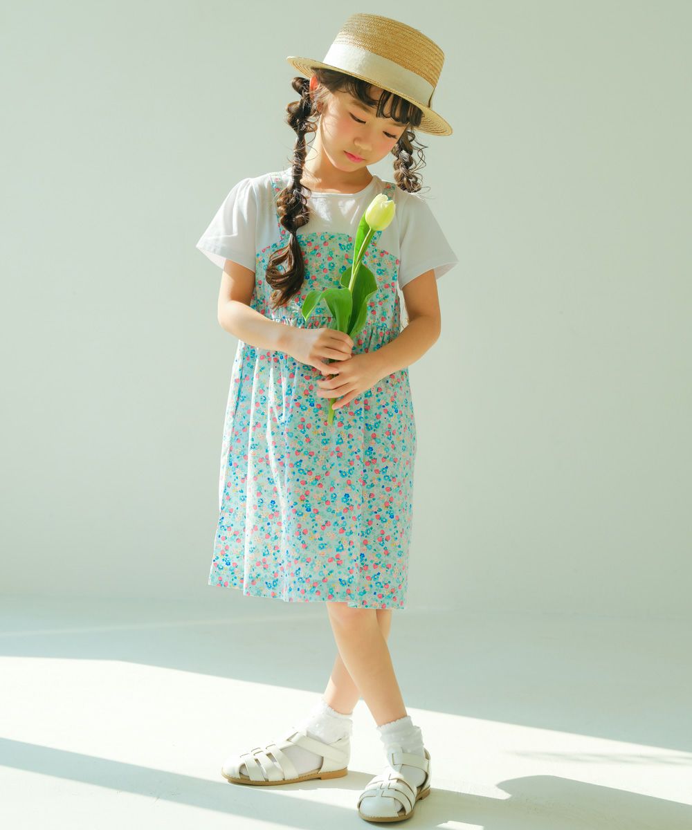 ベビー服 女の子 お花 ＆ イチゴ柄 重ね着風 ワンピース ブルー(61) モデル画像全身