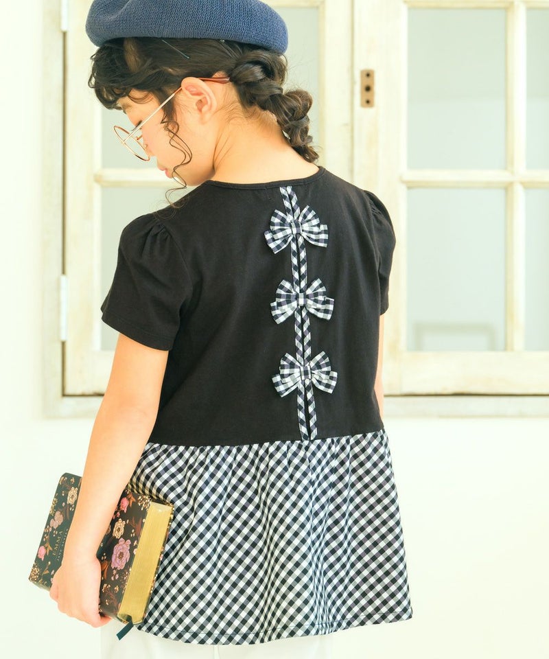 バックリボン ギンガムチェック 切替え Tシャツ