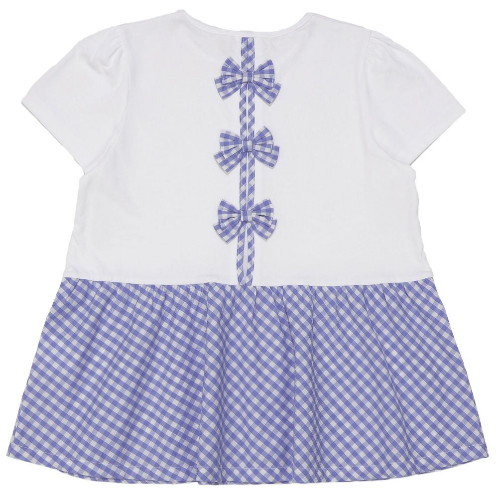 ベビー服 女の子 バックリボン ギンガムチェック 切替え Tシャツ ブルー(61) 背面