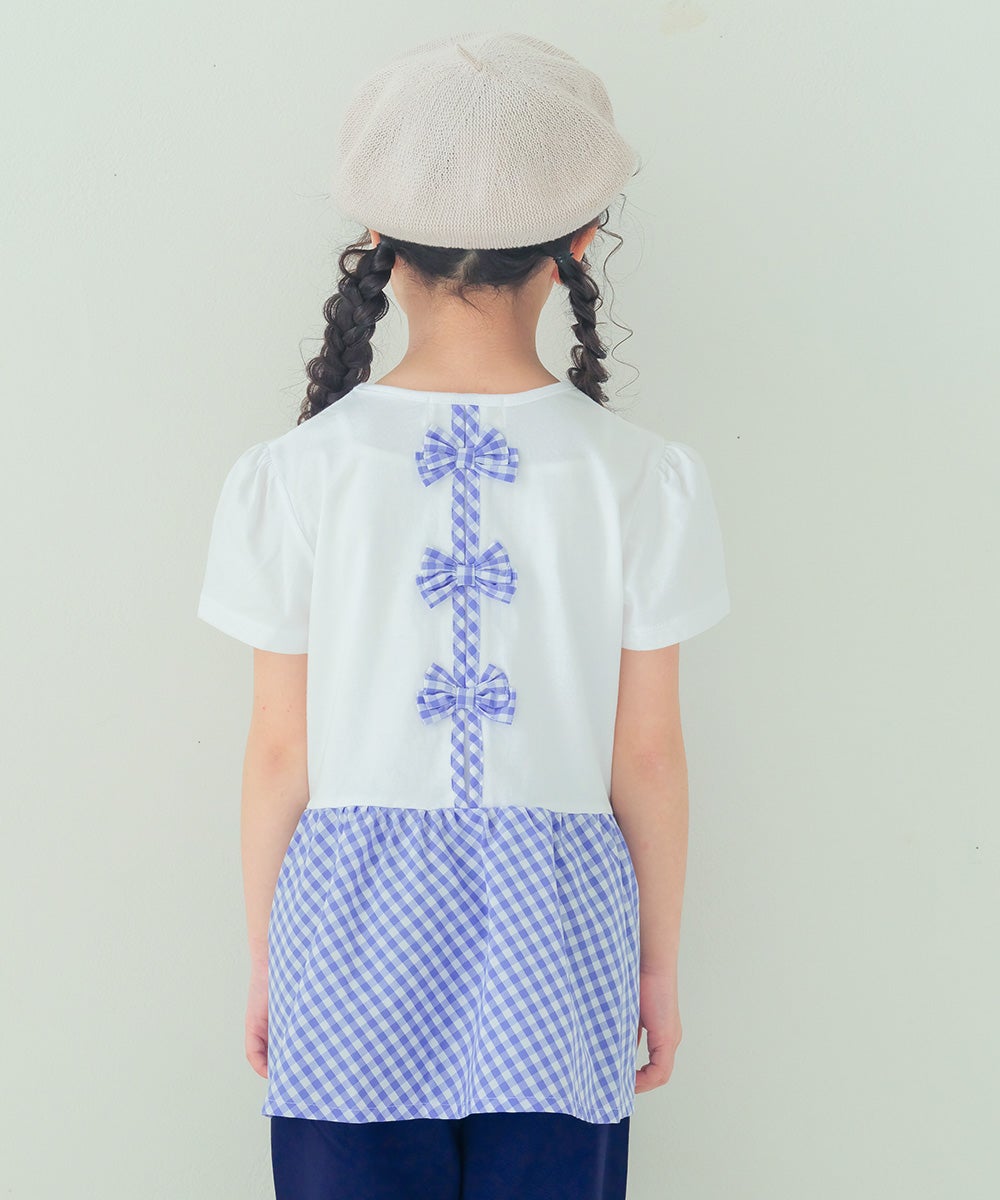 ベビー服 女の子 バックリボン ギンガムチェック 切替え Tシャツ ブルー(61) 
