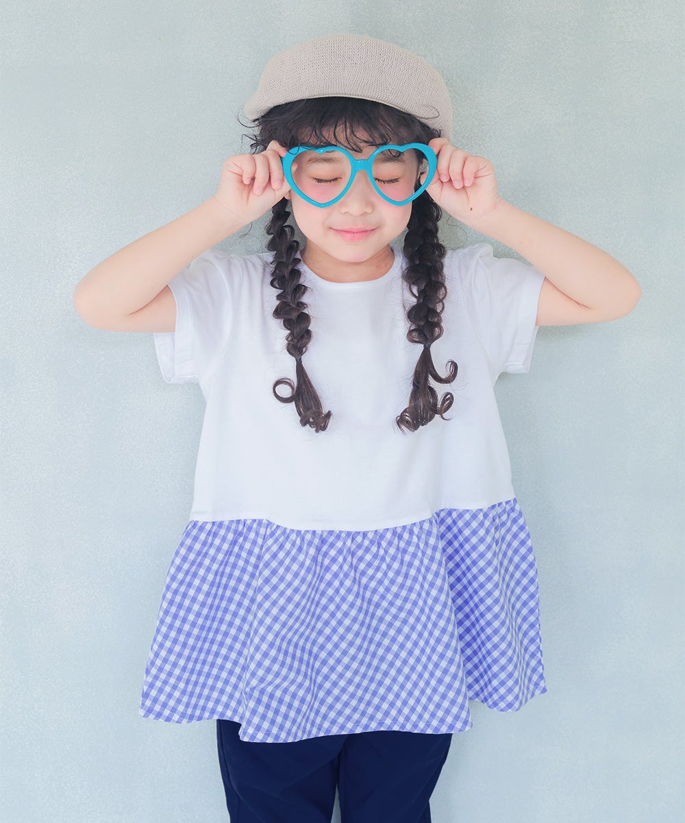 ベビー服 女の子 バックリボン ギンガムチェック 切替え Tシャツ ブルー(61) 