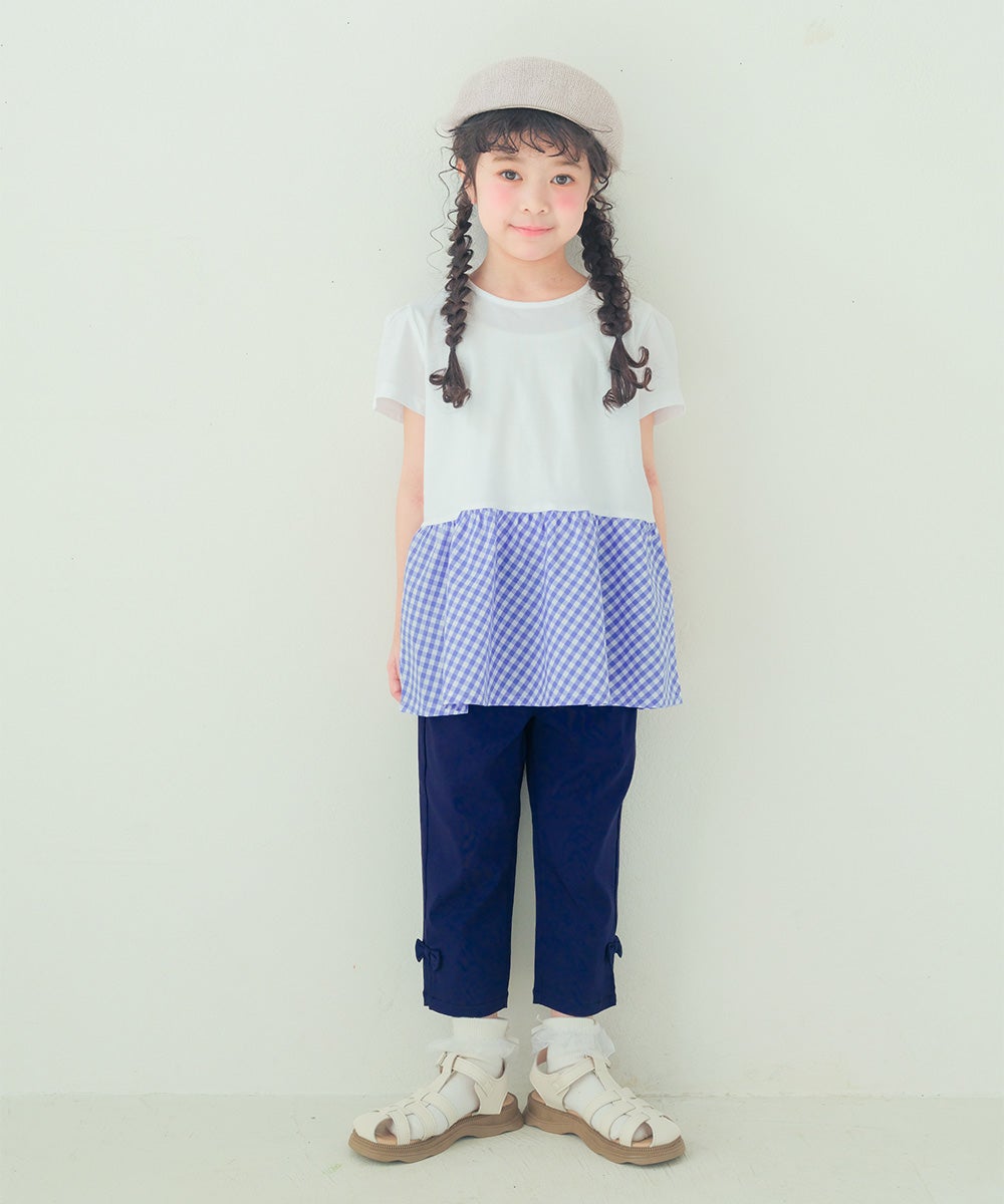 ベビー服 女の子 バックリボン ギンガムチェック 切替え Tシャツ ブルー(61) 