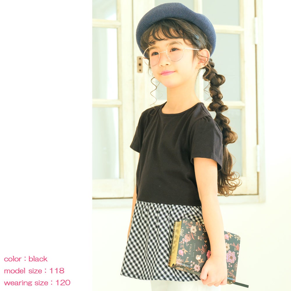 ベビー服 女の子 バックリボン ギンガムチェック 切替え Tシャツ