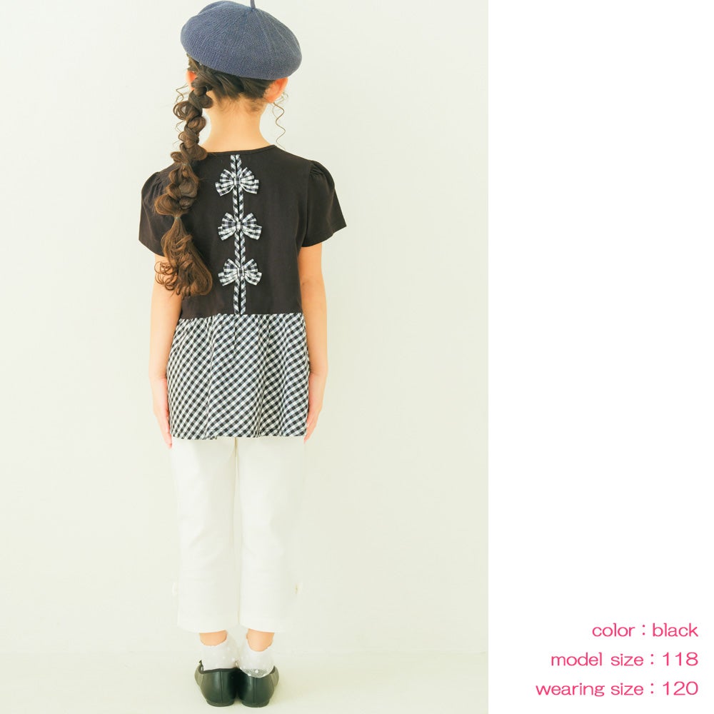 ベビー服 女の子 バックリボン ギンガムチェック 切替え Tシャツ