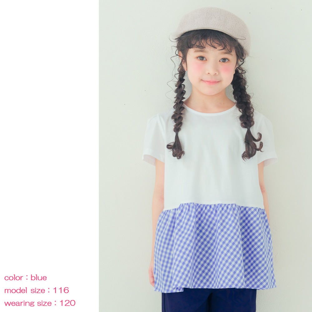 ベビー服 女の子 バックリボン ギンガムチェック 切替え Tシャツ