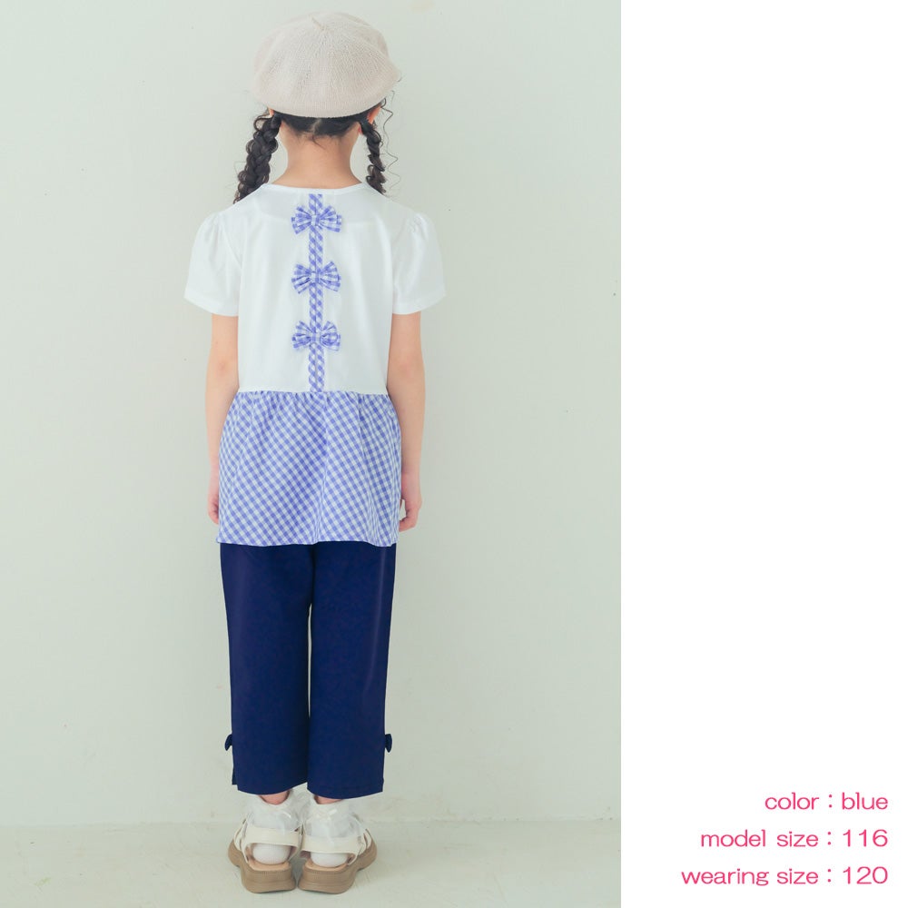 ベビー服 女の子 バックリボン ギンガムチェック 切替え Tシャツ