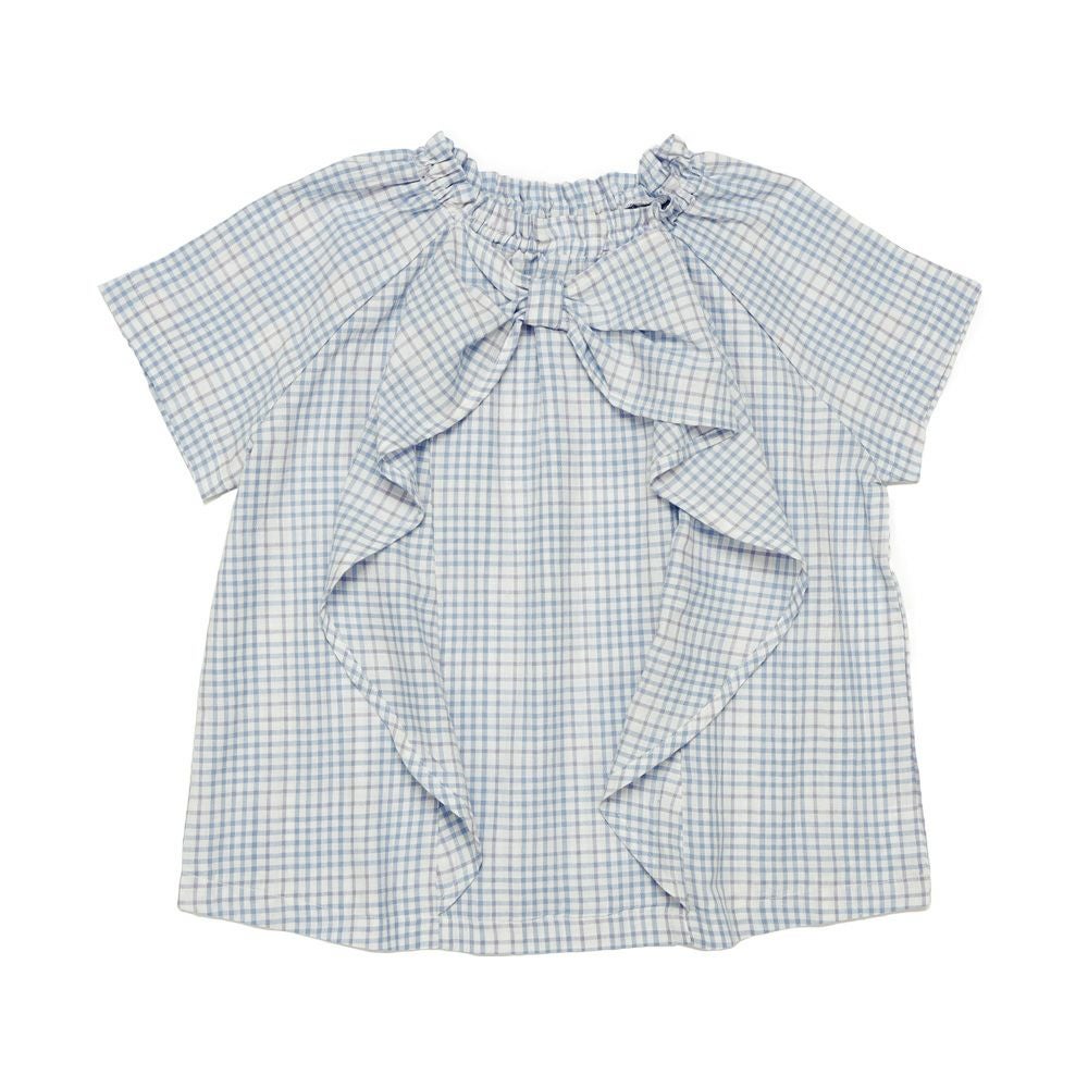 子供服 女の子 綿100％ リボン ＆ チェック ブラウス ブルー(61) 正面