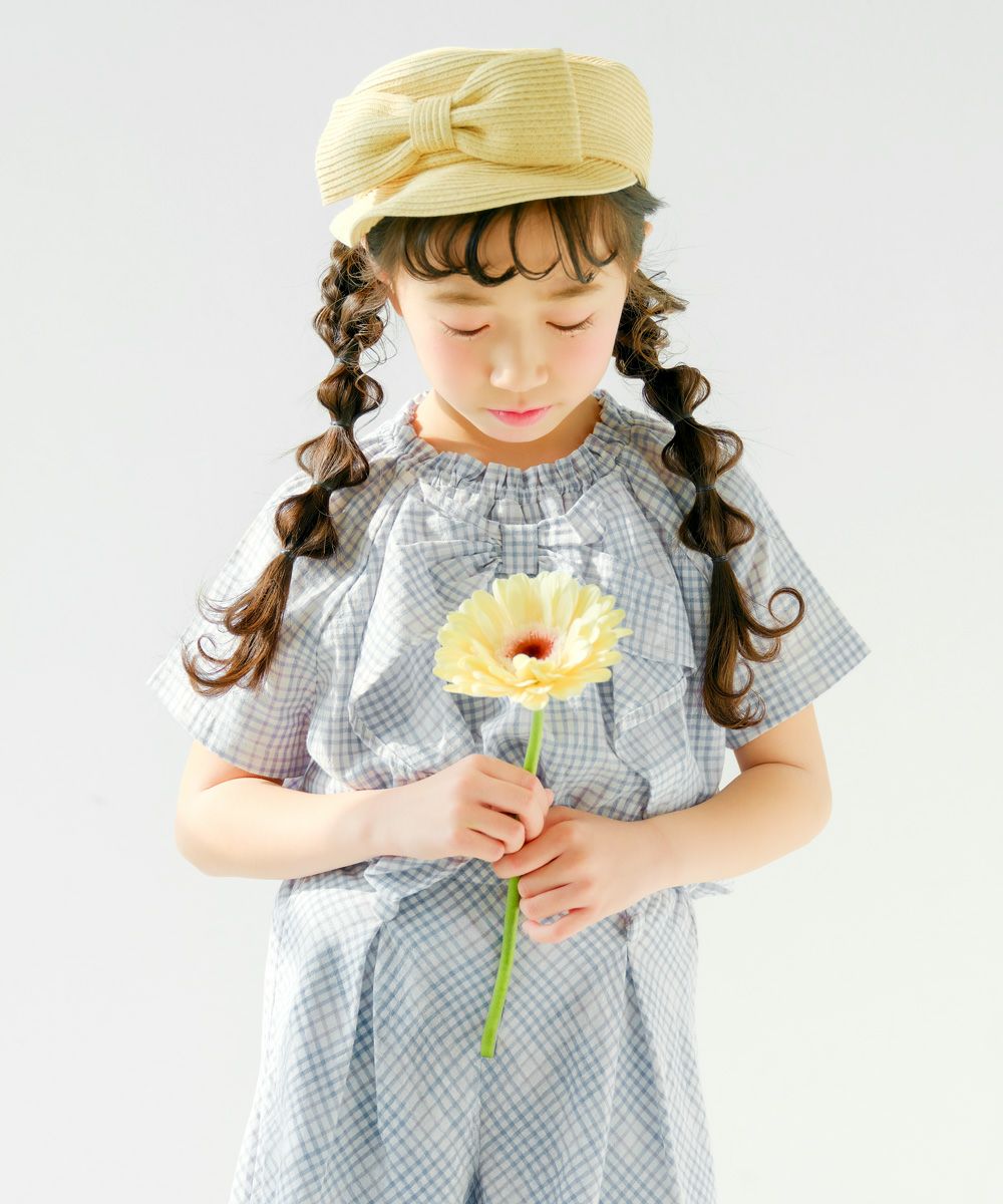 子供服 女の子 綿100％ リボン ＆ チェック ブラウス ブルー(61) モデル画像アップ