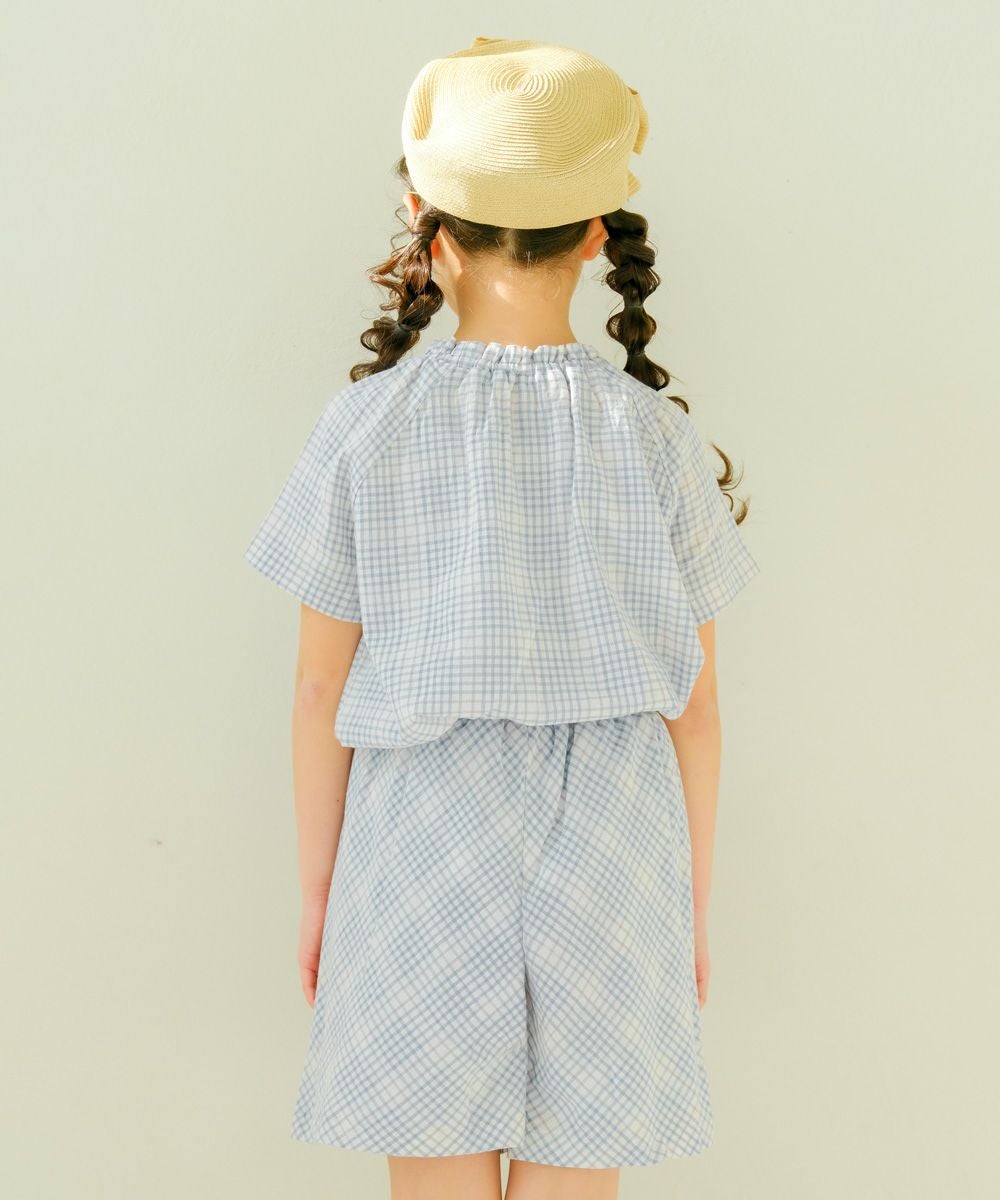 子供服 女の子 綿100％ リボン ＆ チェック ブラウス ブルー(61) モデル画像2