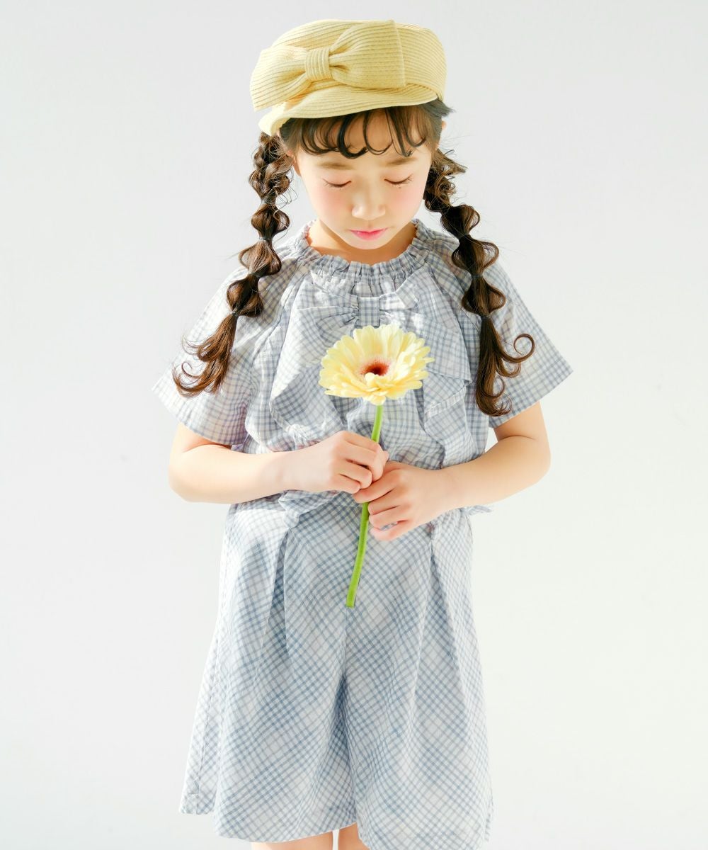 子供服 女の子 綿100％ リボン ＆ チェック ブラウス ブルー(61) モデル画像4