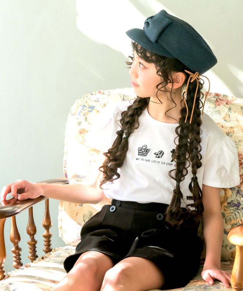 綿100%リボンつき花柄切り替えTシャツ