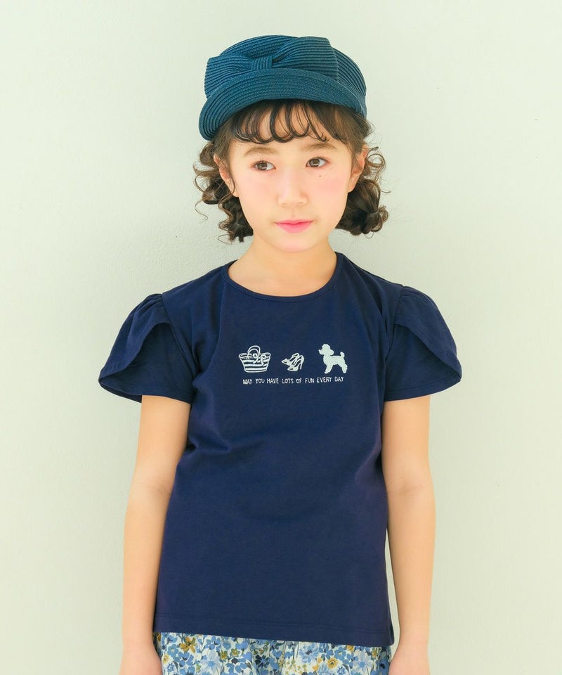 綿100%リボンつき花柄切り替えTシャツ