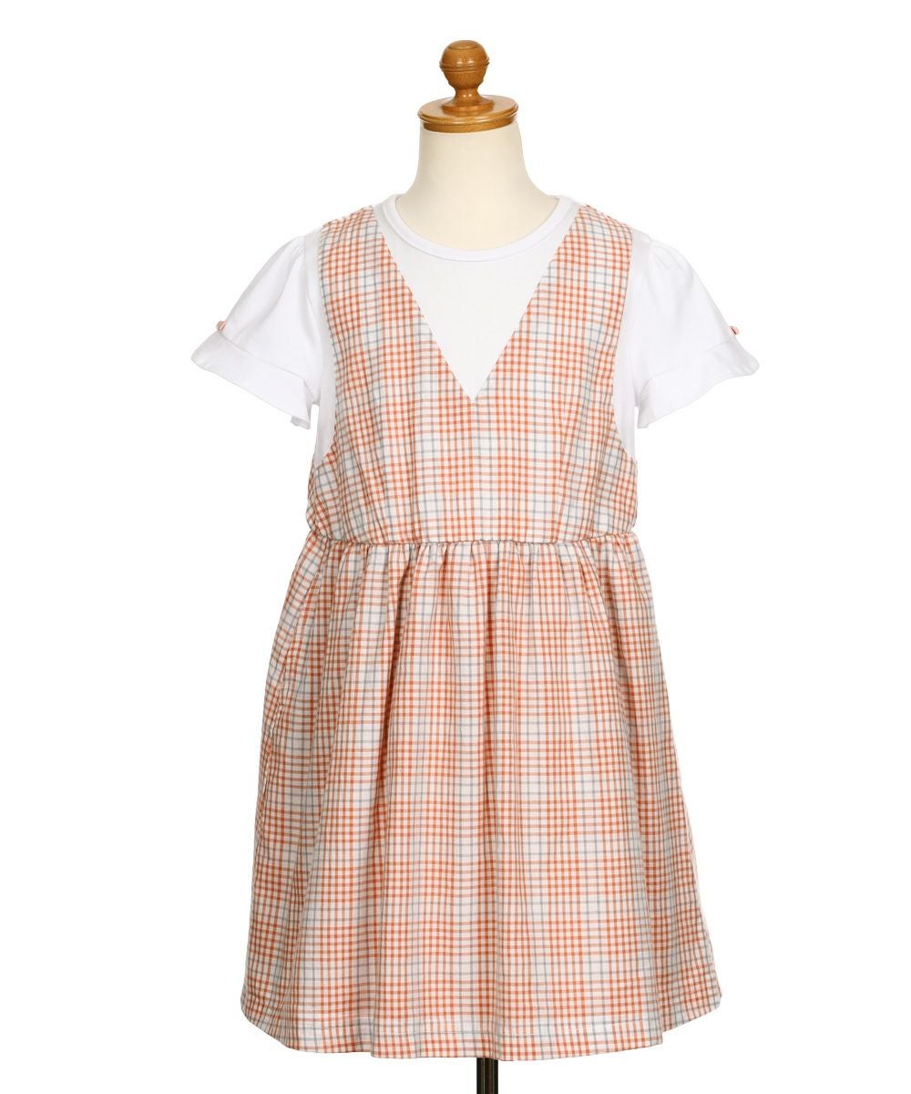 子供服 女の子 綿100％ 重ね着風 チェック ワンピース オレンジ(07) トルソー背面
