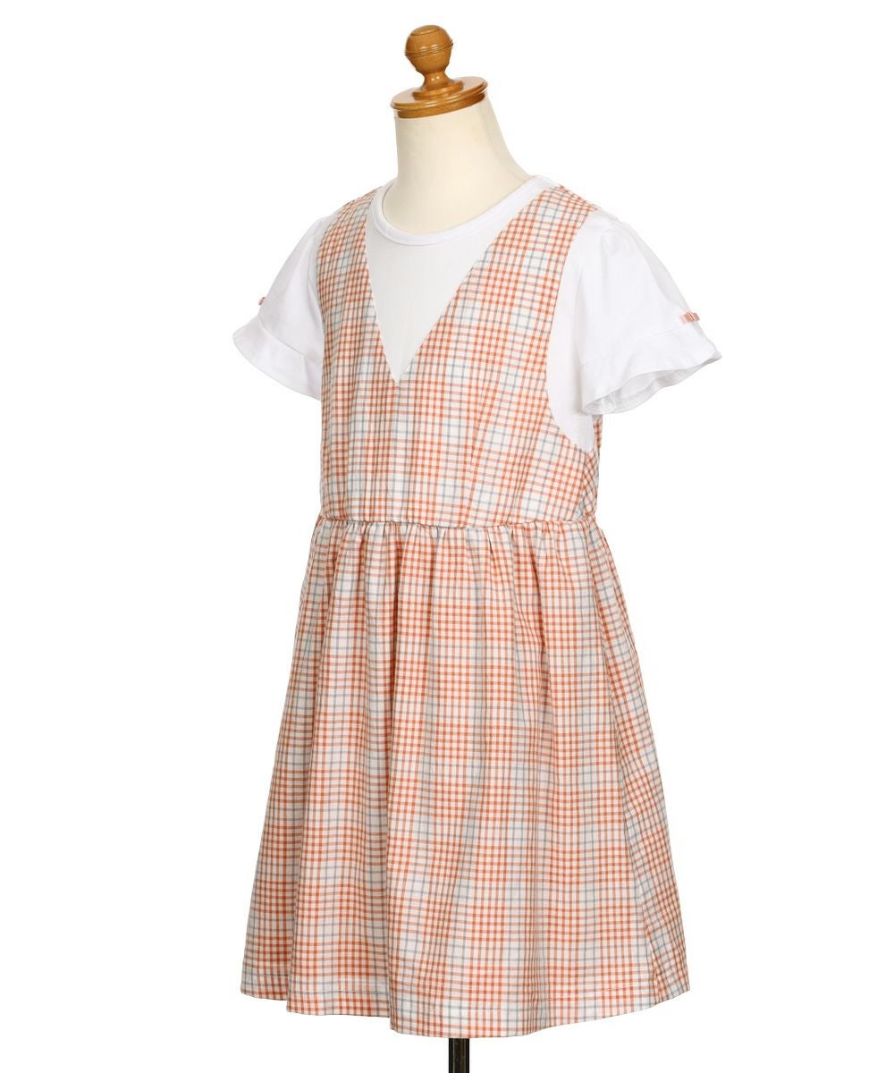 子供服 女の子 綿100％ 重ね着風 チェック ワンピース オレンジ(07) トルソー斜め