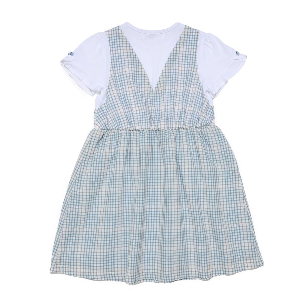 子供服 女の子 綿100％ 重ね着風 チェック ワンピース ブルー(61) 背面
