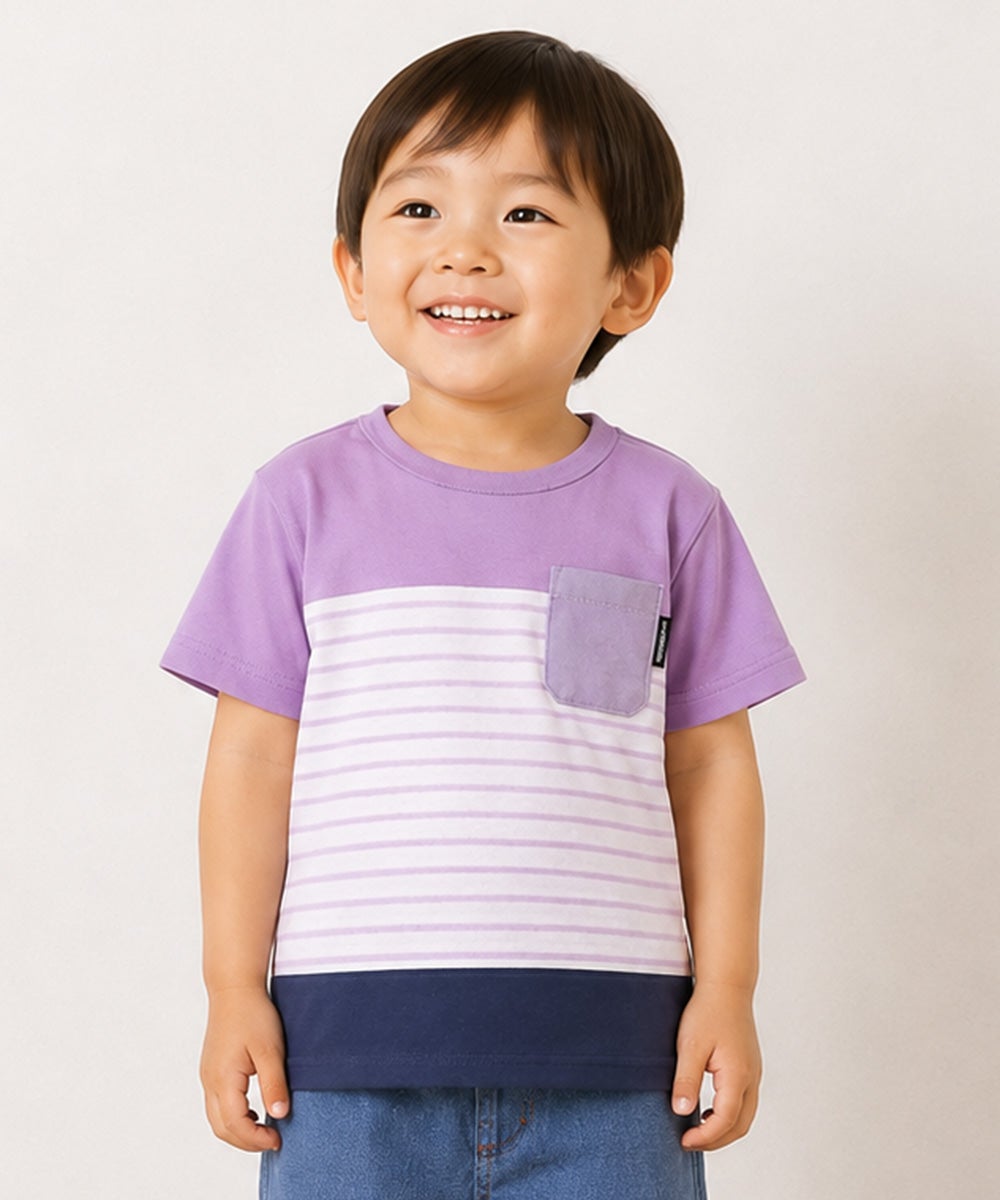 子供服 男の子 綿100％ ボーダー 切り替え Tシャツ パープル(91)