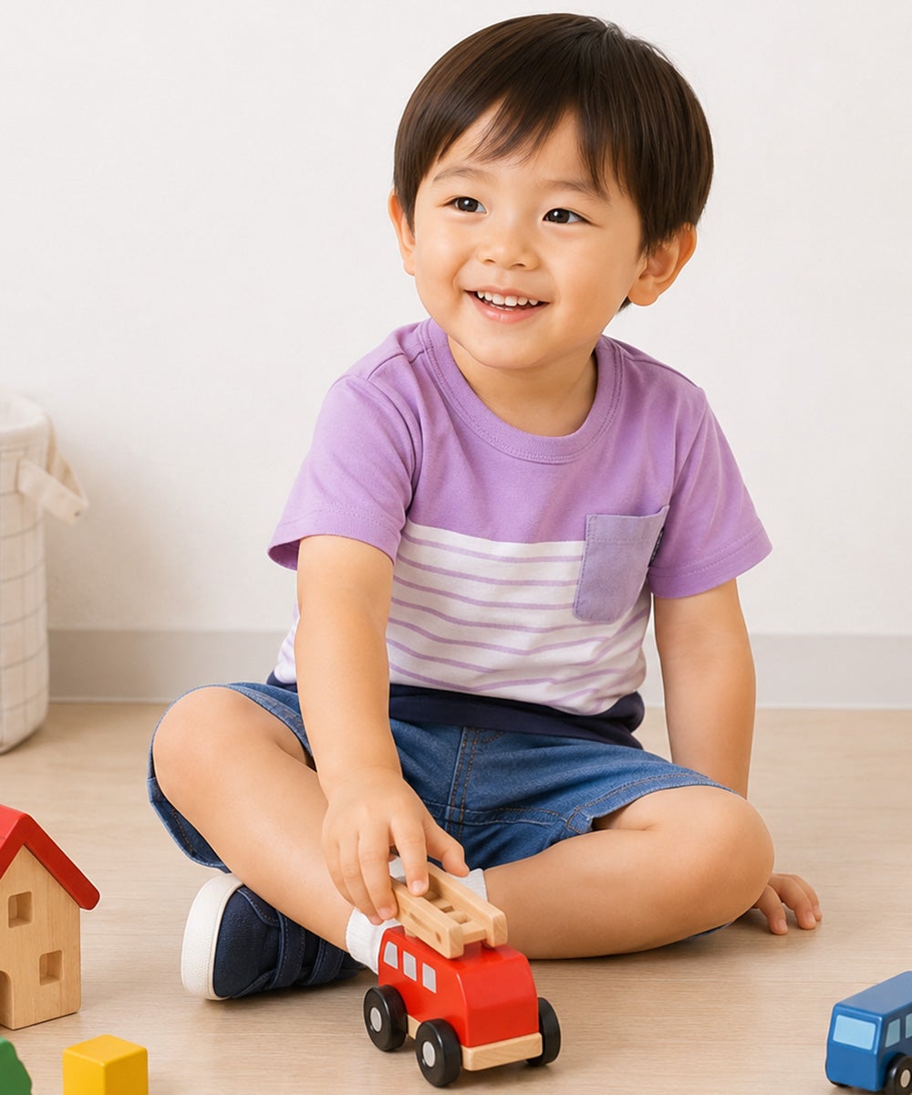 子供服 男の子 綿100％ ボーダー 切り替え Tシャツ パープル(91)