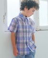 子供服 男の子 綿100％ 前ボタン開き 襟付き チェック柄 シャツ ブルー(61) モデル画像アップ