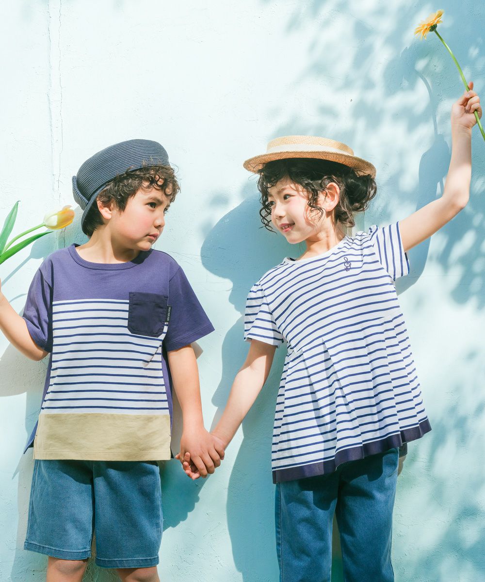 ベビー服 女の子 ボーダー柄 Tシャツ 紺×白(16) モデル画像1