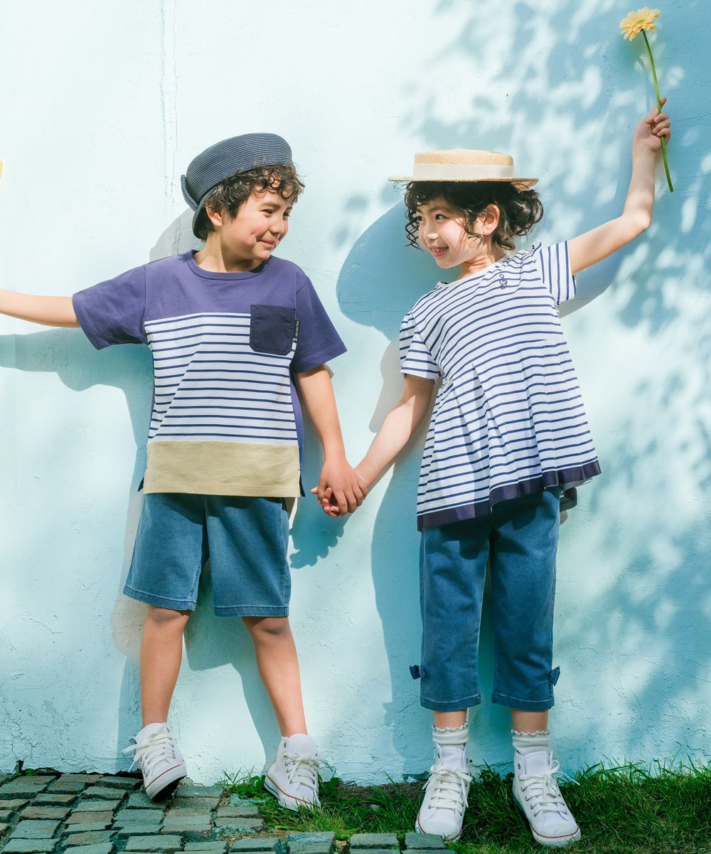 ベビー服 女の子 ボーダー柄 Tシャツ 紺×白(16) モデル画像2