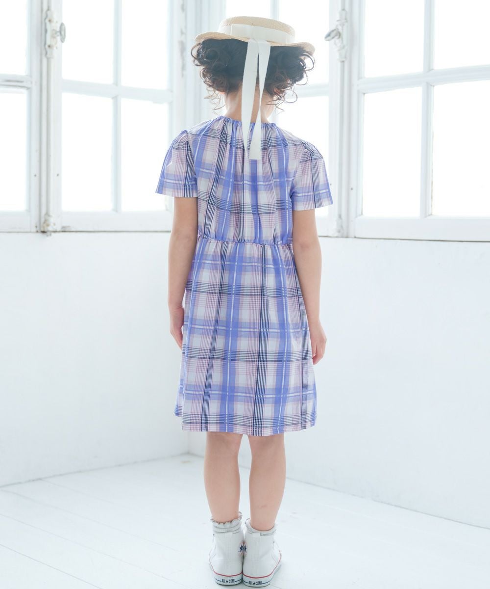 子供服 女の子 チェック柄 襟付き ワンピース ブルー(61) モデル画像2