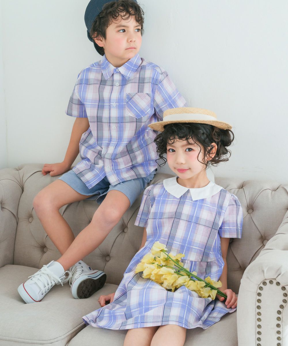 子供服 女の子 チェック柄 襟付き ワンピース ブルー(61) モデル画像4