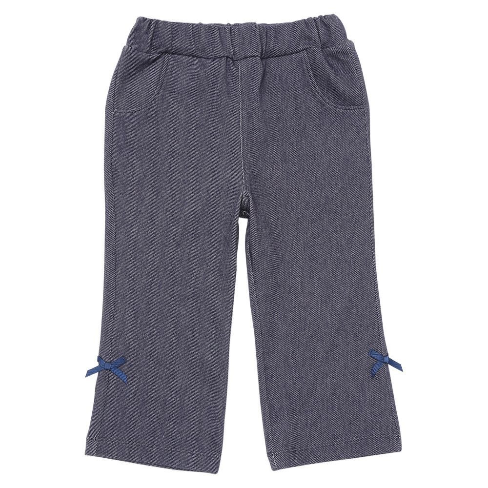 ベビー服 女の子 デニムツイルニット リボンつき フルレングスパンツ ネイビー(06) 正面