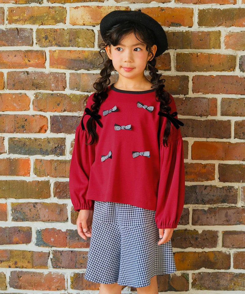 チェックリボンつき ふんわり袖 Tシャツ