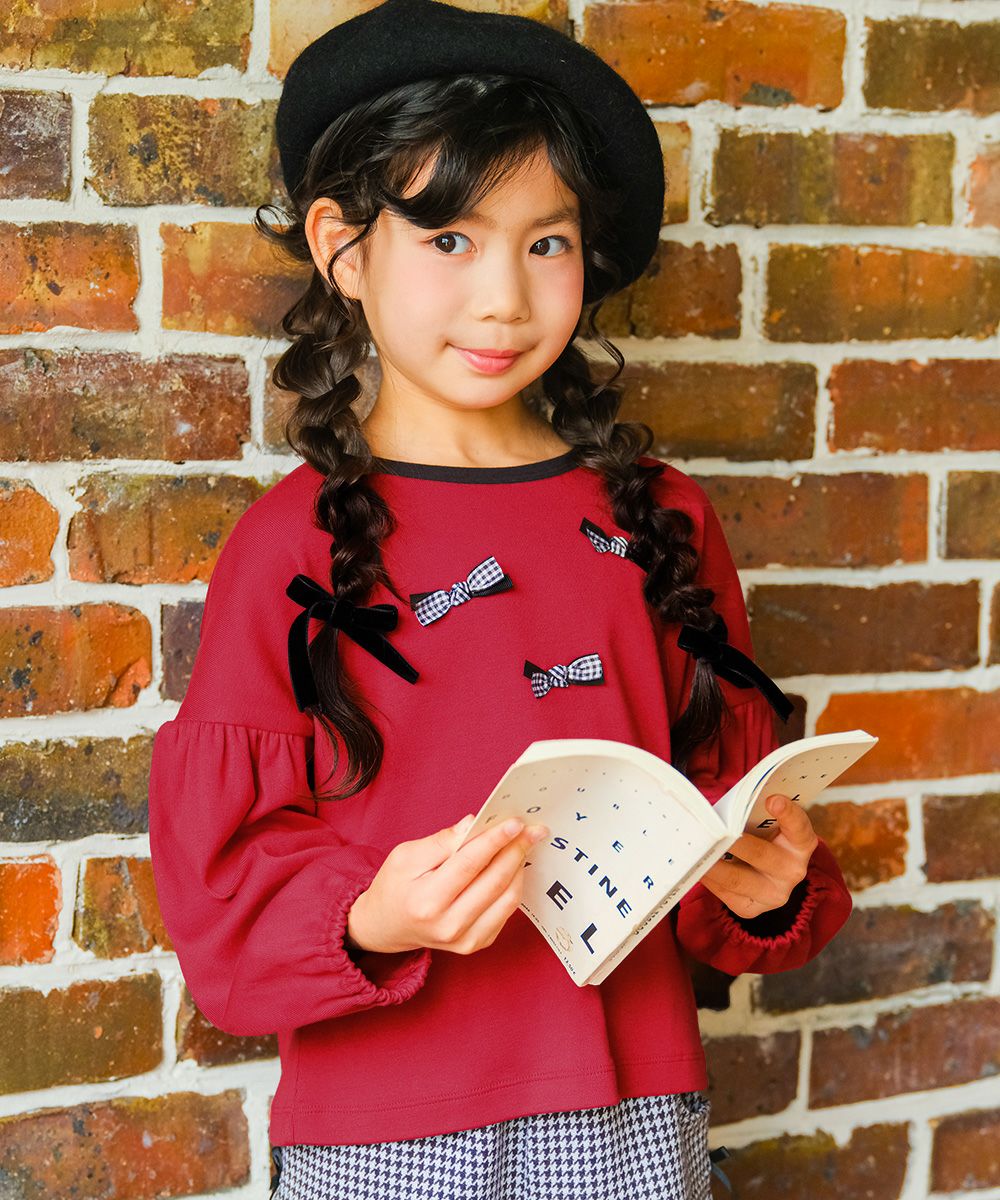 子供服 女の子 子ども服 キッズ ジュニア チェック リボン つき ギャザー パフスリーブ ふんわり袖 レッド(03) モデル画像2