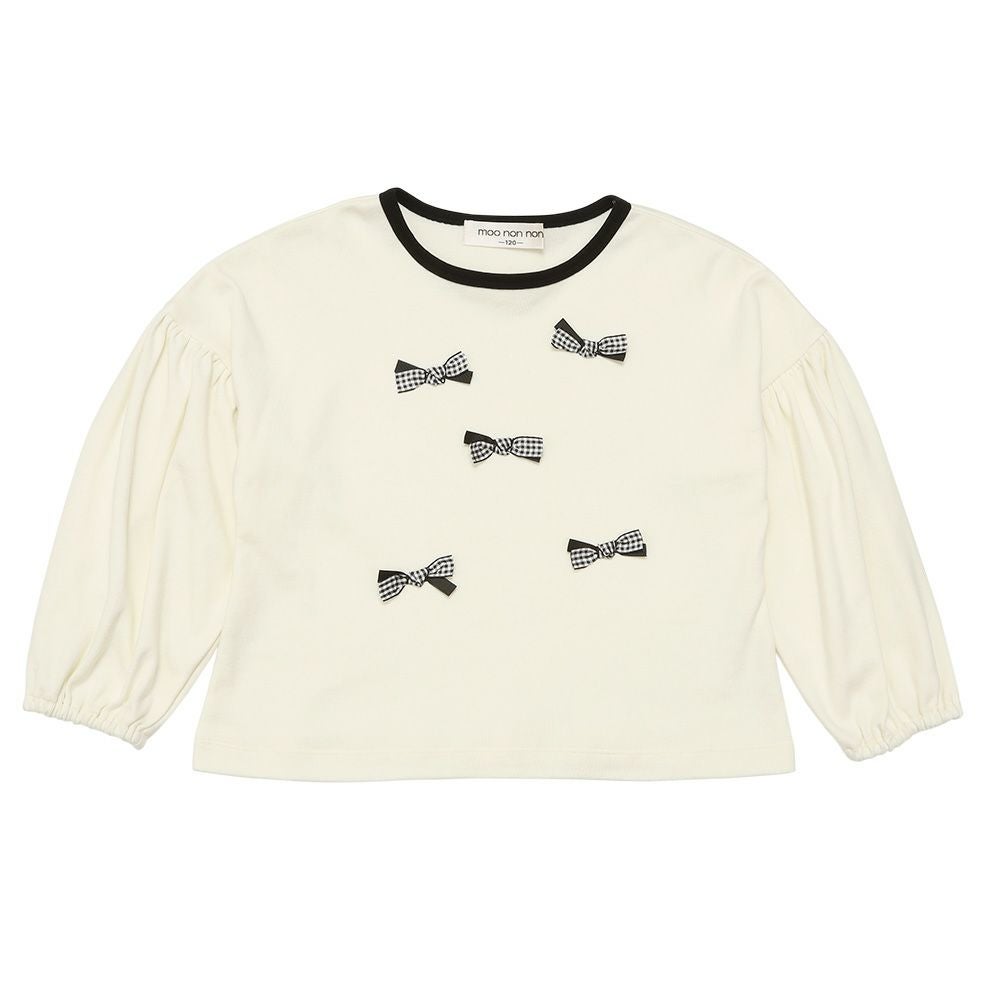 子供服 女の子 子ども服 キッズ ジュニア チェック リボン つき ギャザー パフスリーブ ふんわり袖 オフホワイト(11) 正面