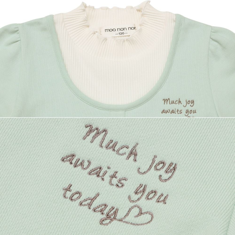 子供服 女の子 チェリー刺繍 重ね着風 飾りボタン 裏毛トレーナー グリーン(08) デザインポイント2