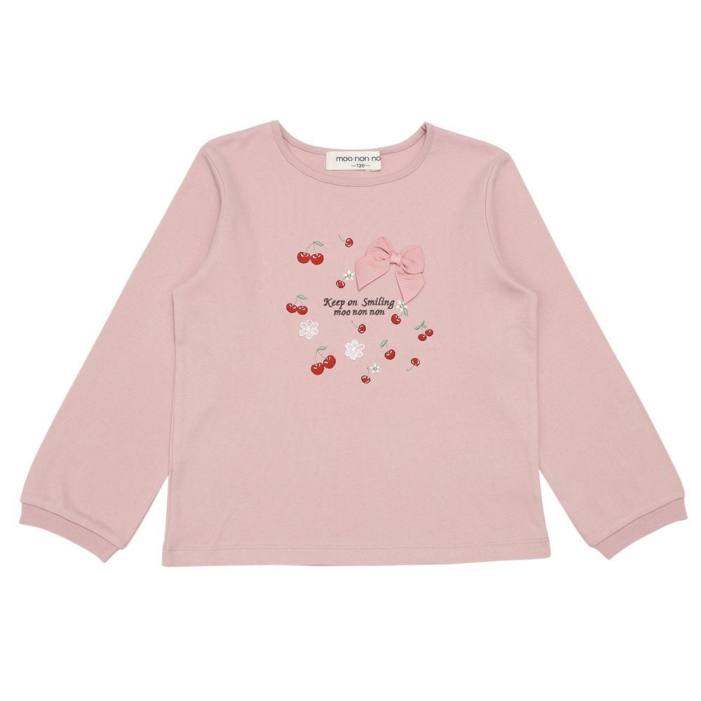 ベビー服 女の子 チェリー ロゴ刺繍 リボンつきTシャツ ピンク(02) 正面