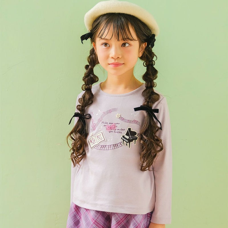ベビー服 女の子 子ども服 キッズ ジュニア ピアノ 音符 刺? リボン つき カットソー ロンT