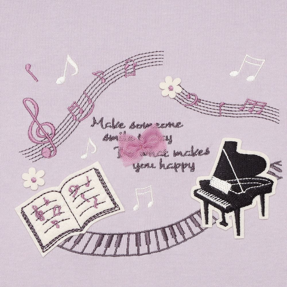 ベビー服 女の子 子ども服 キッズ ジュニア ピアノ 音符 刺? リボン つき カットソー ロンT パープル(91) デザインポイント1