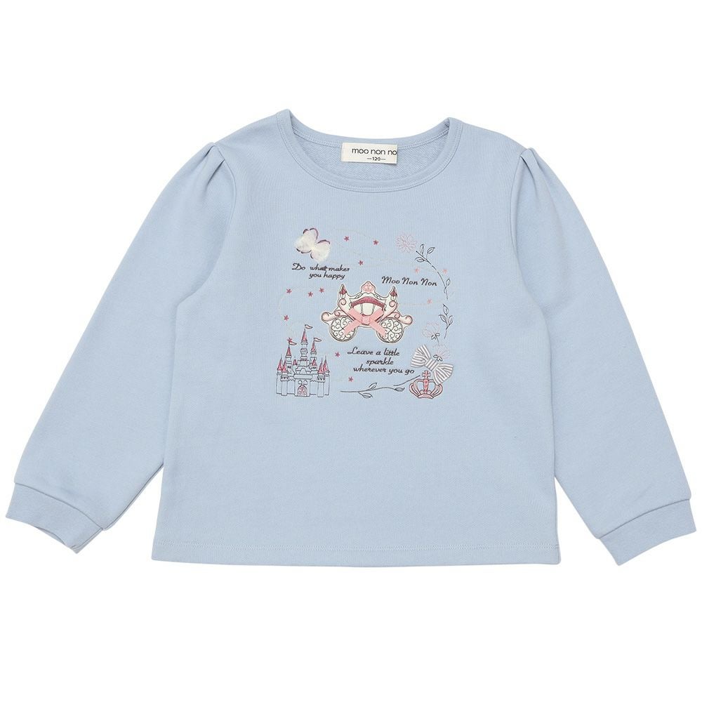 ベビー服 女の子 子ども服 キッズ 馬車 お城 ロゴ お花 刺繍 リボン 付き 裏毛 ブルー(61) 正面