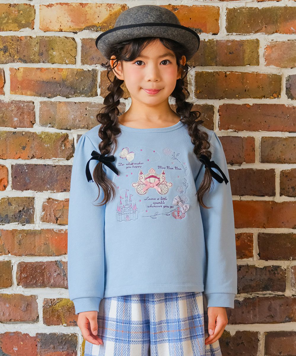 ベビー服 女の子 子ども服 キッズ 馬車 お城 ロゴ お花 刺繍 リボン 付き 裏毛 ブルー(61) モデル画像1