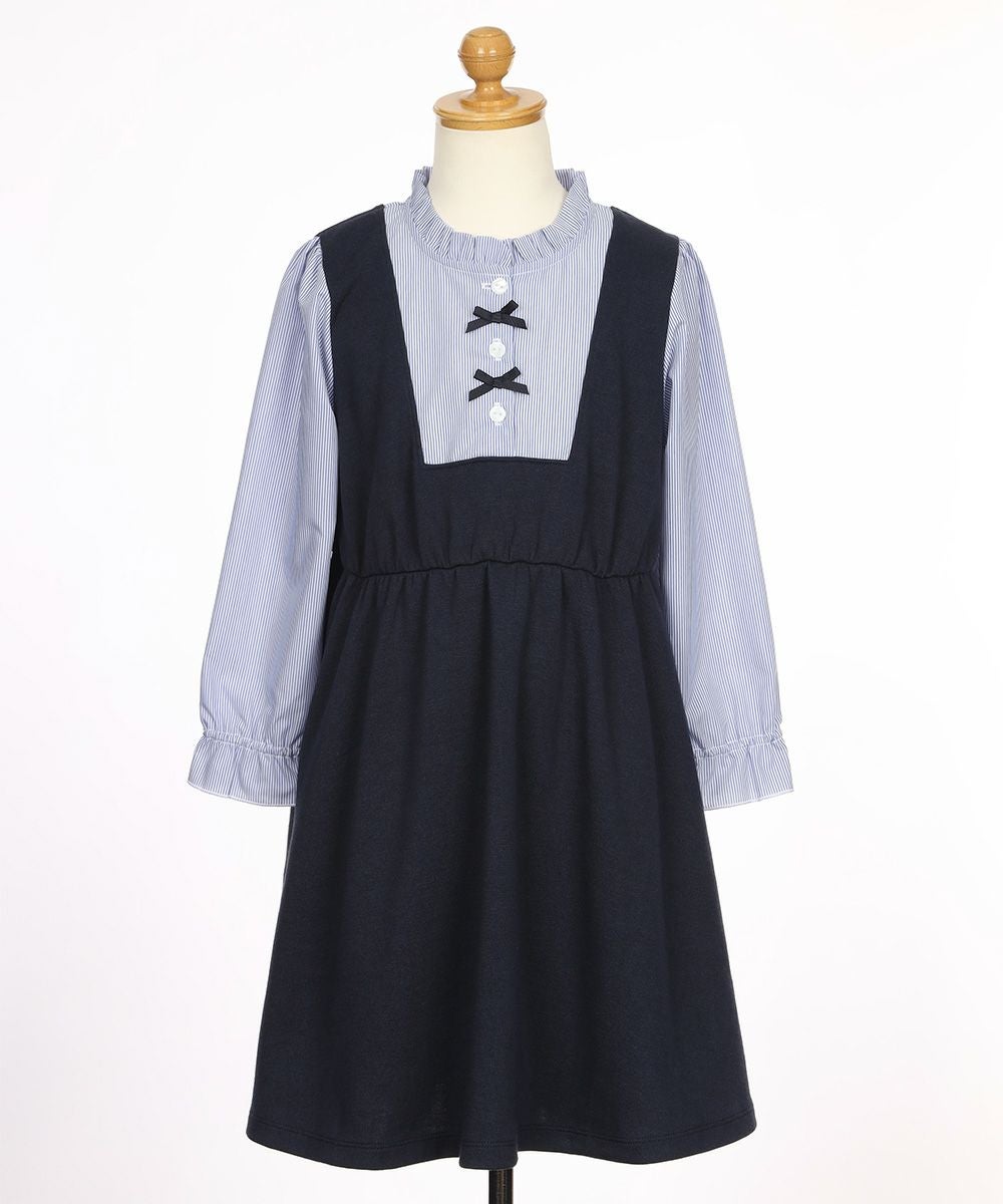 子供服 女の子 ストライプ柄シャツ 重ね着風 リボンワンピース ネイビー(06) トルソー背面
