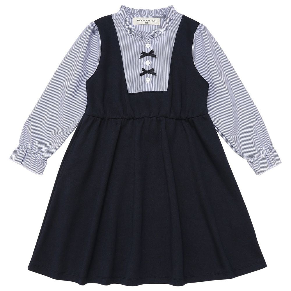 子供服 女の子 ストライプ柄シャツ 重ね着風 リボンワンピース ネイビー(06) 正面