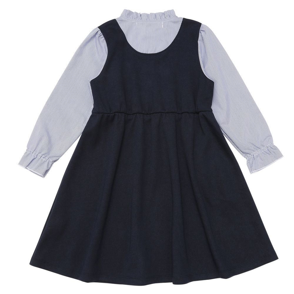 子供服 女の子 ストライプ柄シャツ 重ね着風 リボンワンピース ネイビー(06) 背面
