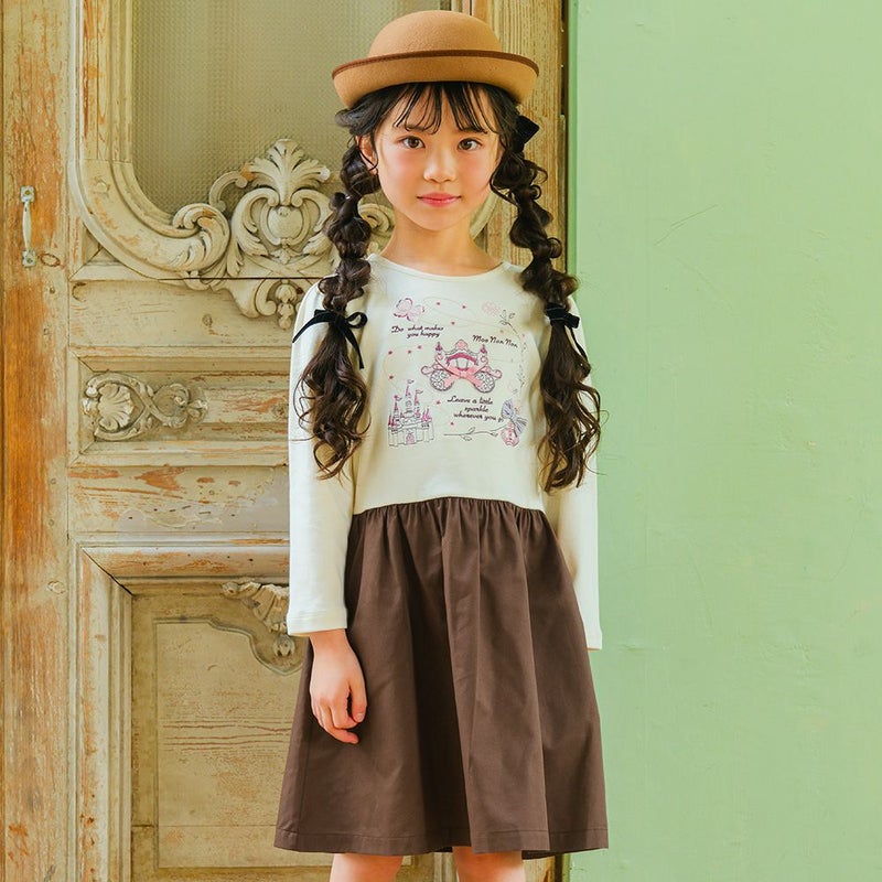 ベビー服 女の子 馬車 お城 ロゴ お花 刺繍 リボンつきドッキングワンピース