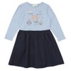 ベビー服 女の子 馬車 お城 ロゴ お花 刺繍 リボンつきドッキングワンピース ブルー(61) 正面